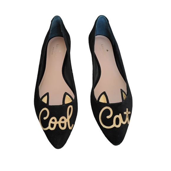 kate spade Shoes - Kate Spade Cool Cat Black Flats Pointed Toe Flat Size 8.5 Gold Lettering EUC